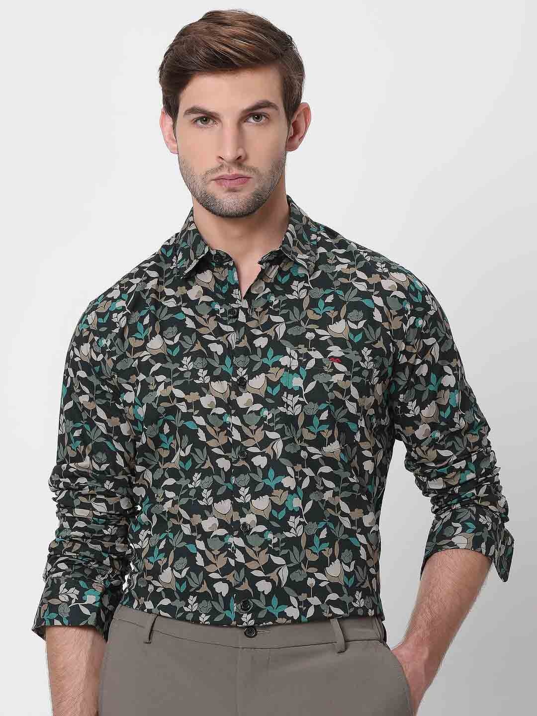 

Mufti Floral Printed Trim Slim Fit Casual Pure Cotton Shirt, Black