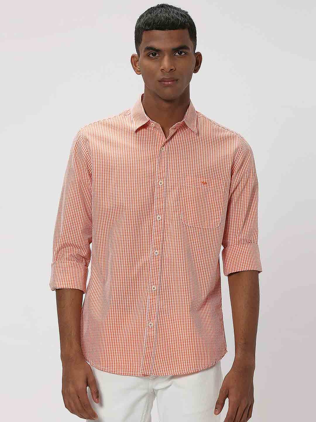 

Mufti Trim Slim Fit Gingham Checked Casual Pure Cotton Shirt, Orange