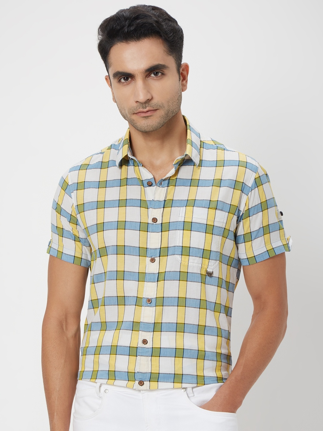 

Mufti Trim Slim Fit Checked Casual Pure Cotton Shirt, Yellow