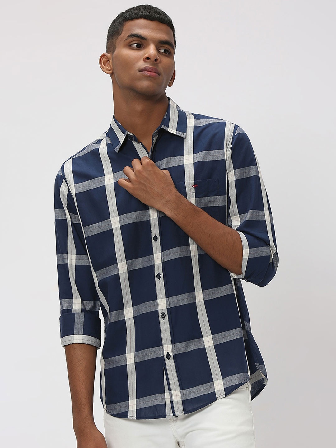 

Mufti Trim Slim Fit Windowpane Checked Casual Pure Cotton Shirt, Navy blue