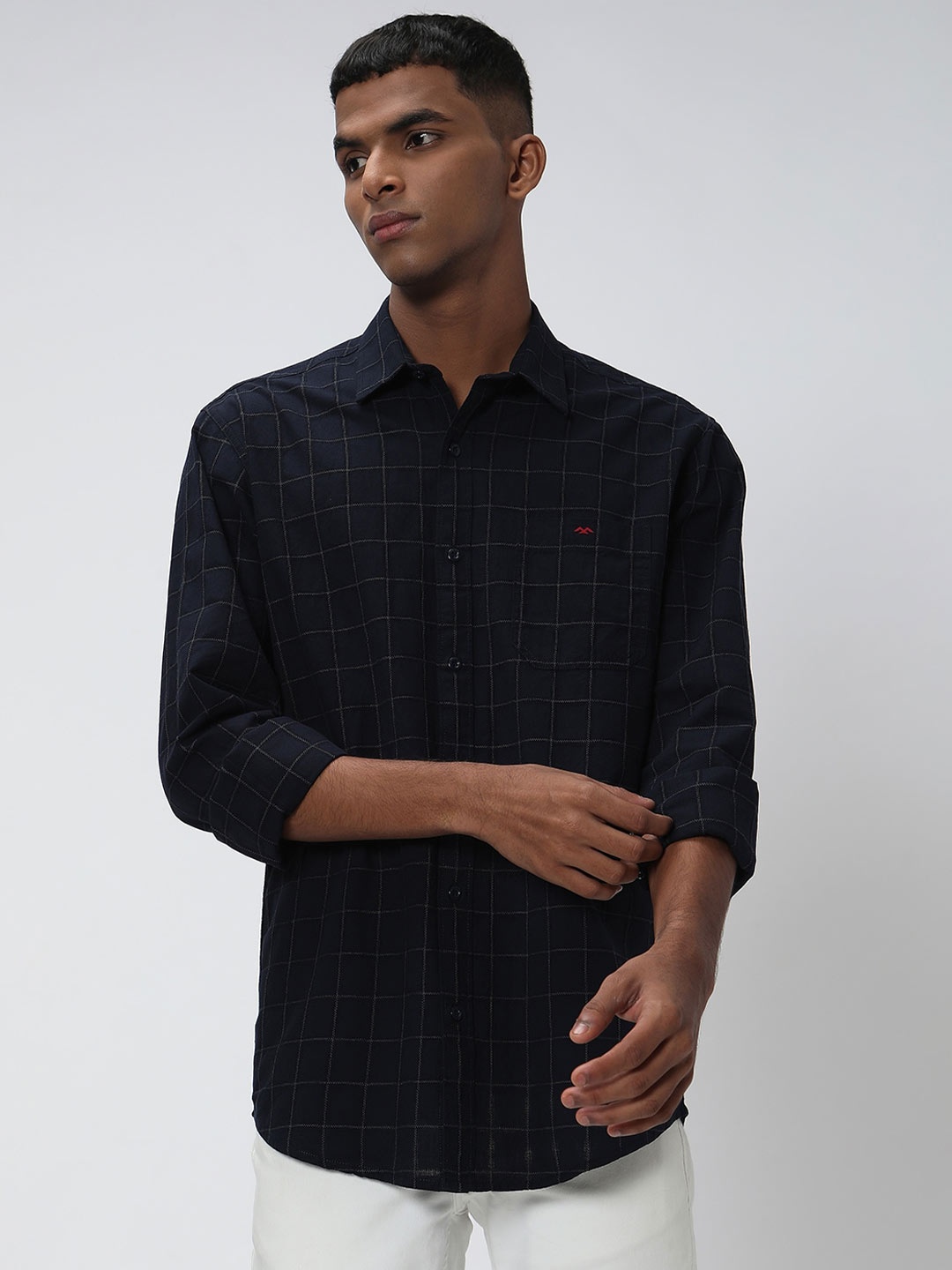 

Mufti Trim Slim Fit Windowpane Checked Casual Opaque Cotton Shirt, Navy blue