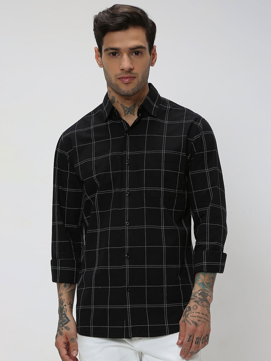 

Mufti Trim Slim Fit Windowpane Checked Casual Pure Cotton Shirt, Black