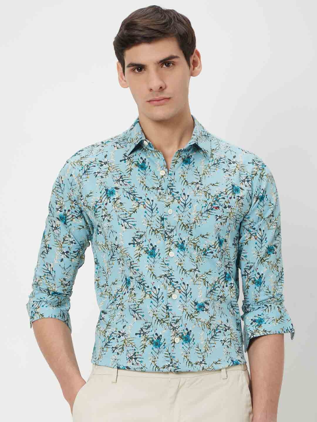 

Mufti Trim Slim Fit Floral Printed Pure Cotton Casual Shirt, Turquoise blue