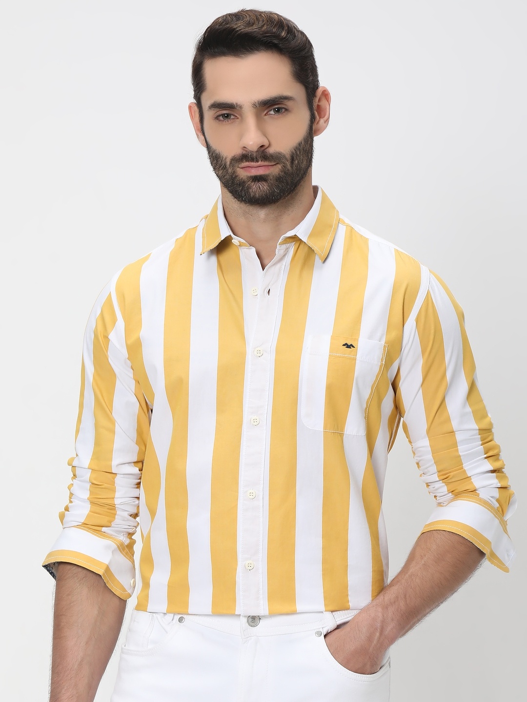 

Mufti Men Trim Slim Fit Vertical Striped Casual Pure Cotton Shirt, Yellow