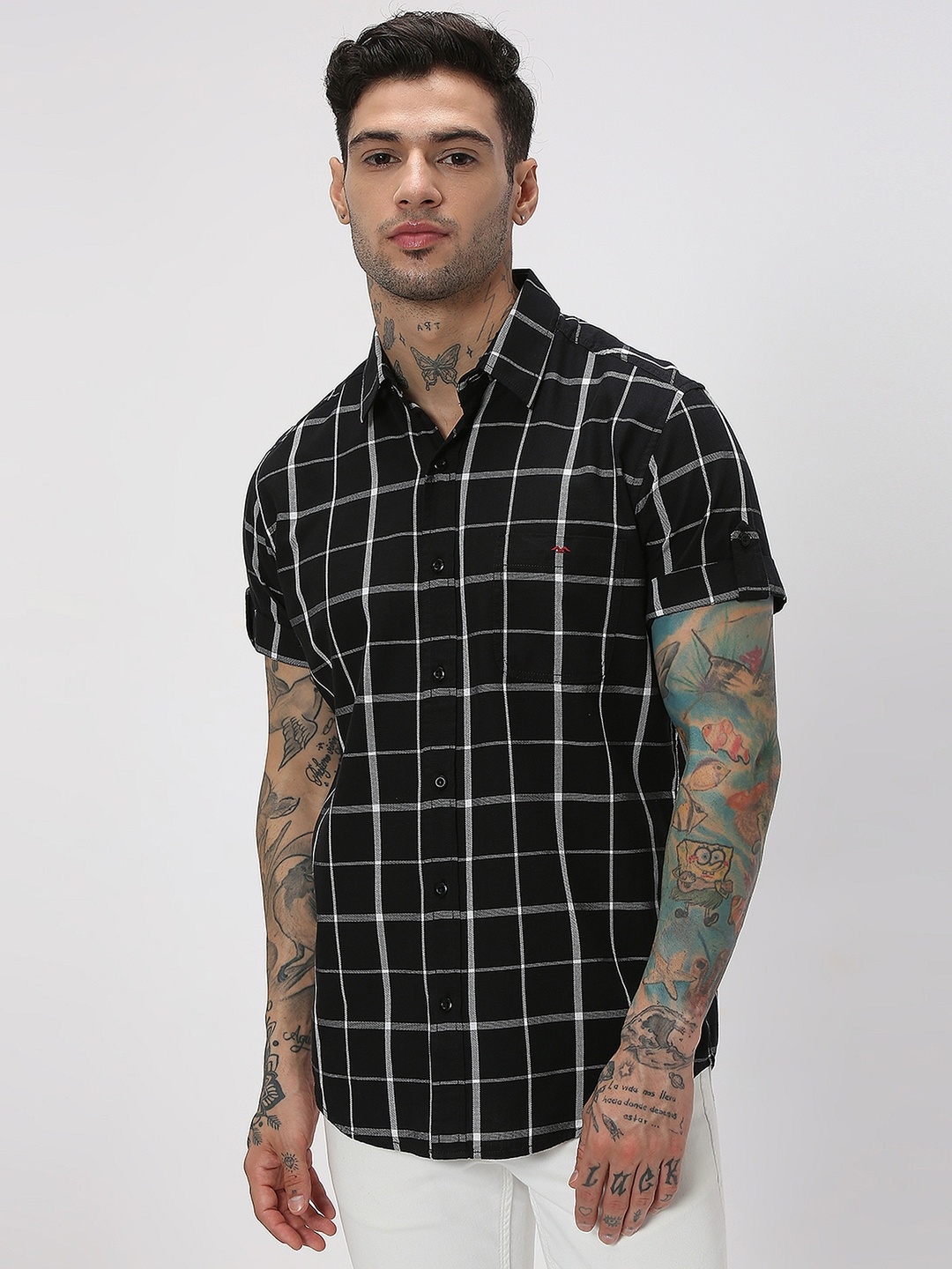 

Mufti Trim Slim Fit Windowpane Checked Roll Up Pure Cotton Casual Shirt, Black