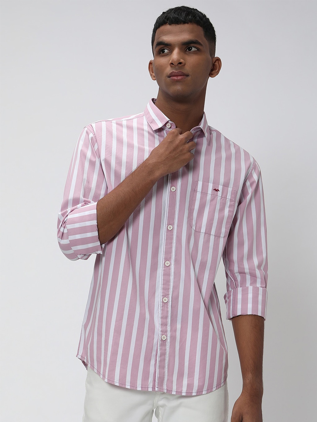 

Mufti Trim Slim Fit Striped Pure Cotton Casual Shirt, Pink