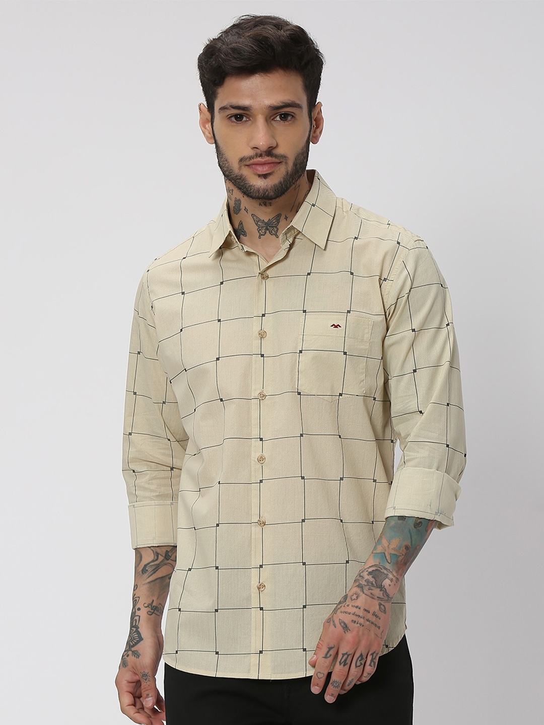 

Mufti Windowpane Checked Trim Slim Fit Pure Cotton Casual Shirt, Beige