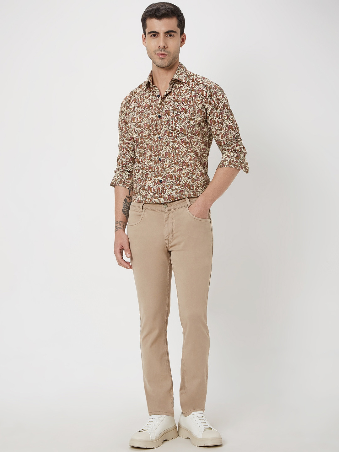 

Mufti Trim Slim Fit Paisley Printed Pure Cotton Casual Shirt, Beige