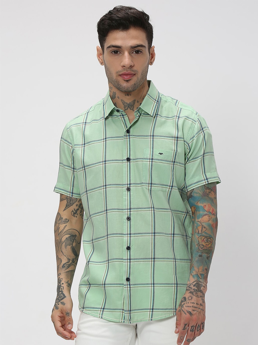 

Mufti Trim Slim Fit Checked Casual Pure Cotton Shirt, Green