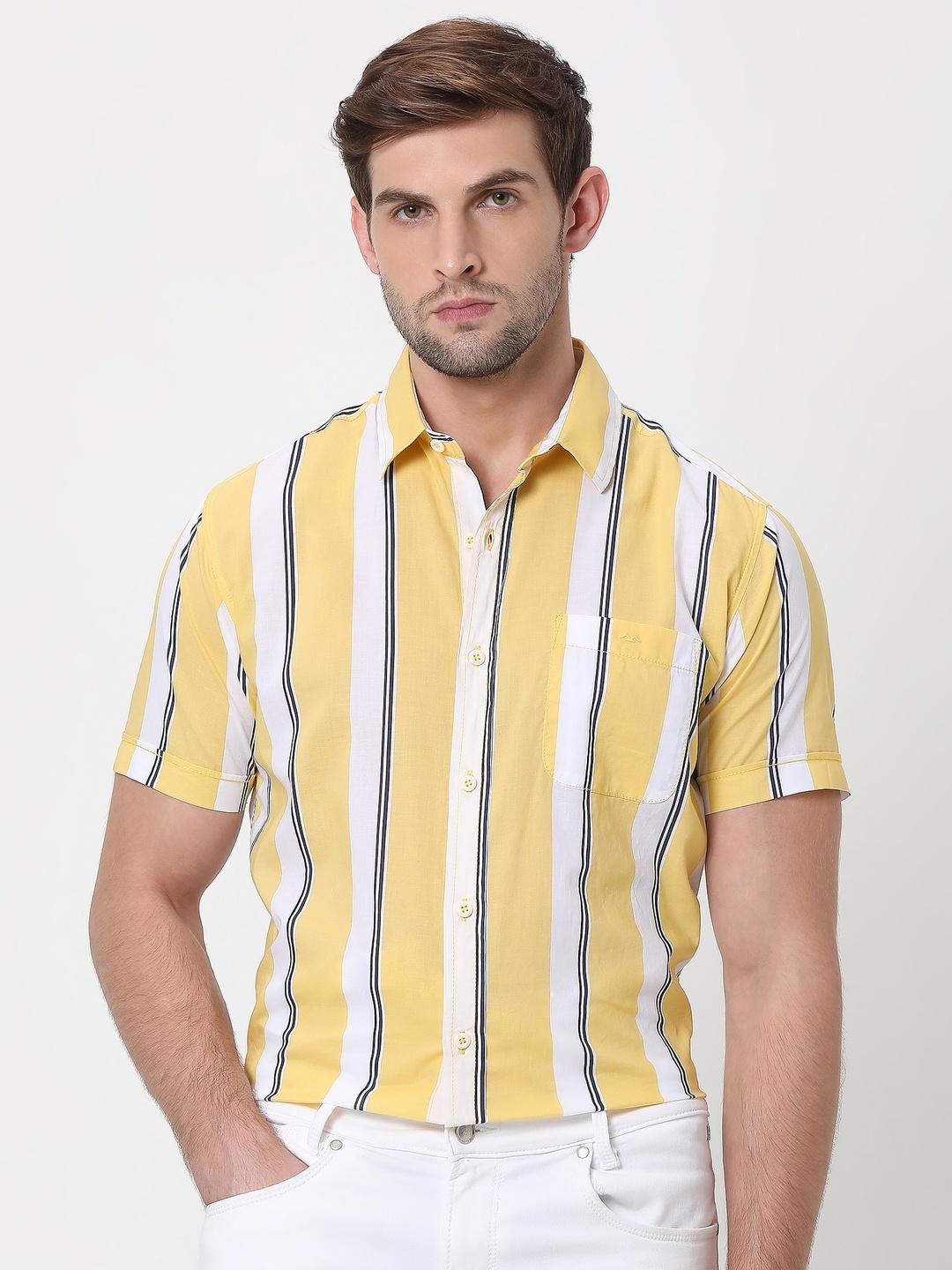 

Mufti Trim Slim Fit Striped Pure Cotton Casual Shirt, Yellow