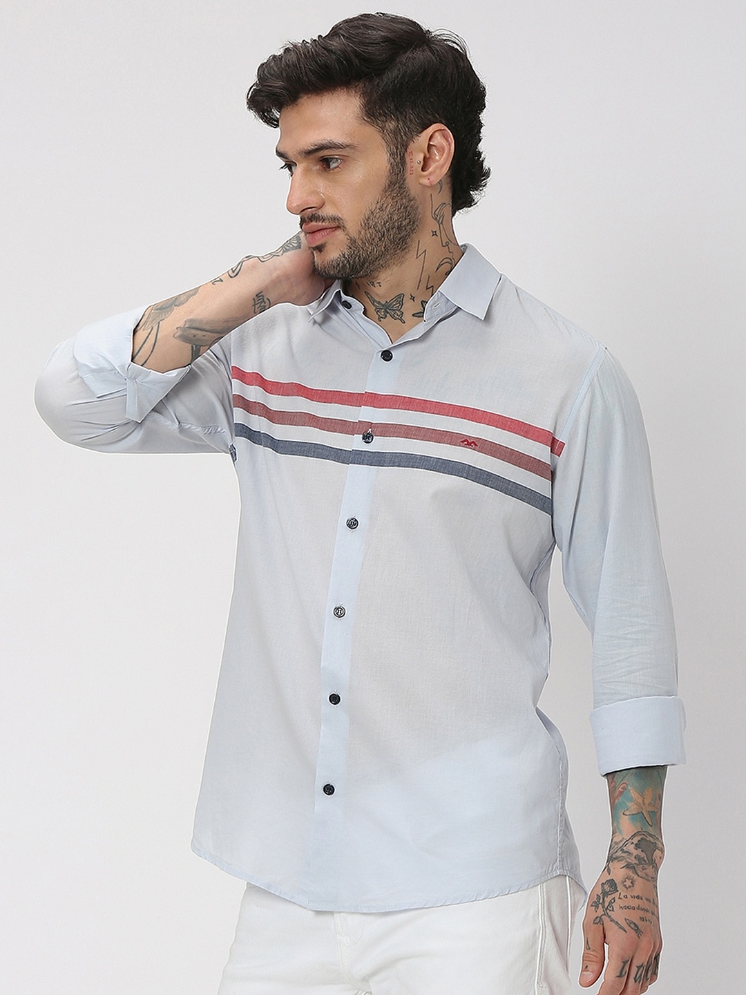 

Mufti Striped Trim Slim Fit Horizontal Casual Pure Cotton Shirt, Blue