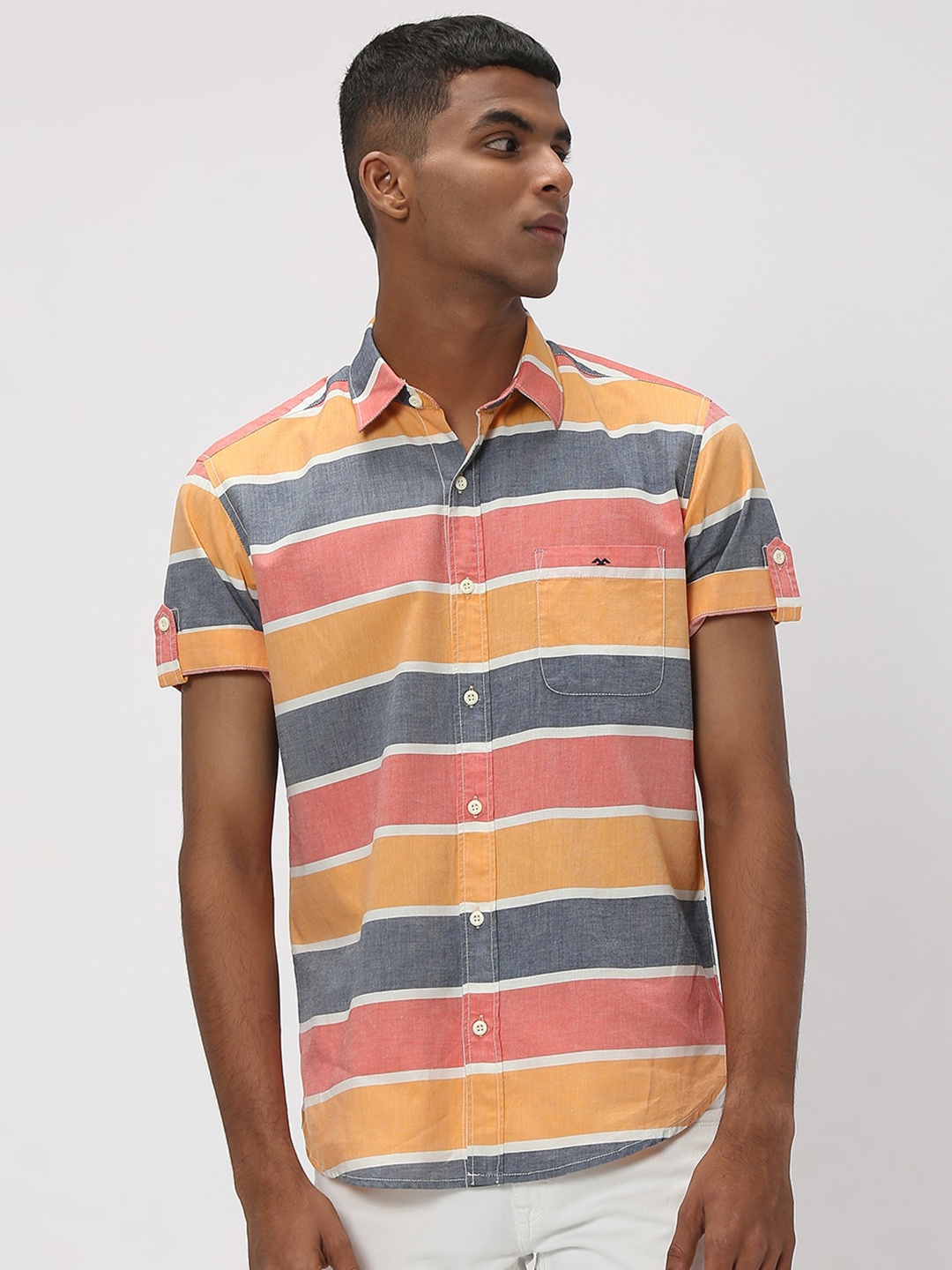 

Mufti Trim Slim Fit Multi Stripes Sheer Striped Pure Cotton Casual Shirt, Orange