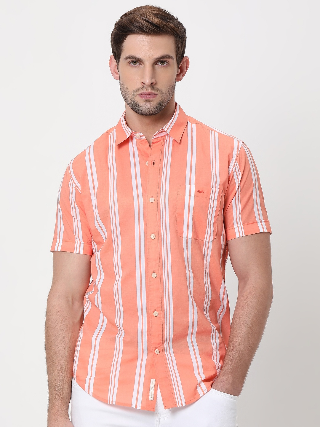 Mufti Trim Plus Size Slim Fit Striped Pure Cotton Casual Shirt, Orange