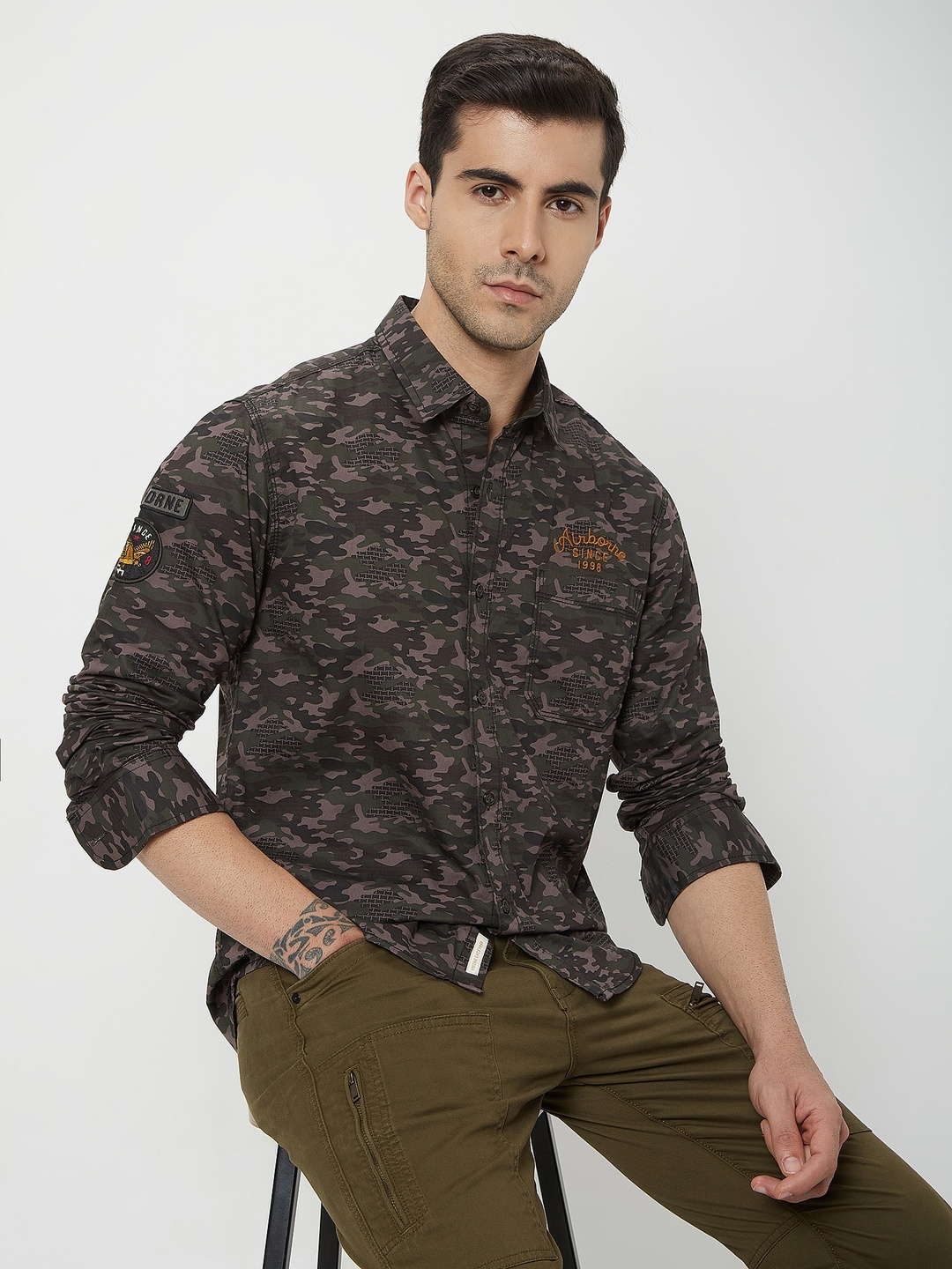 

Mufti Trim Slim Fit Printed Casual Pure Cotton Shirt, Olive