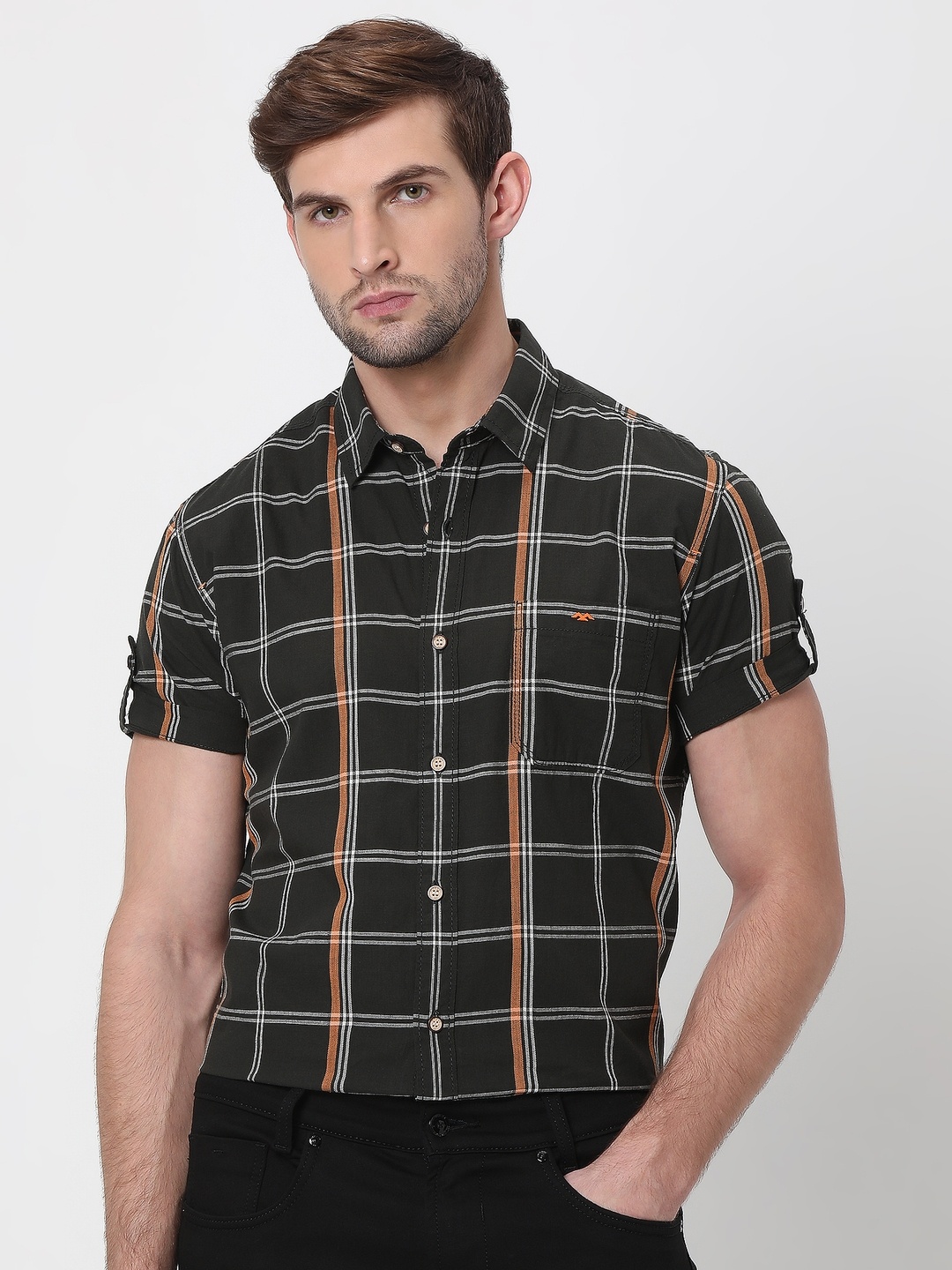 Mufti Plus Size Tartan Checks Cotton Casual Shirt, Charcoal