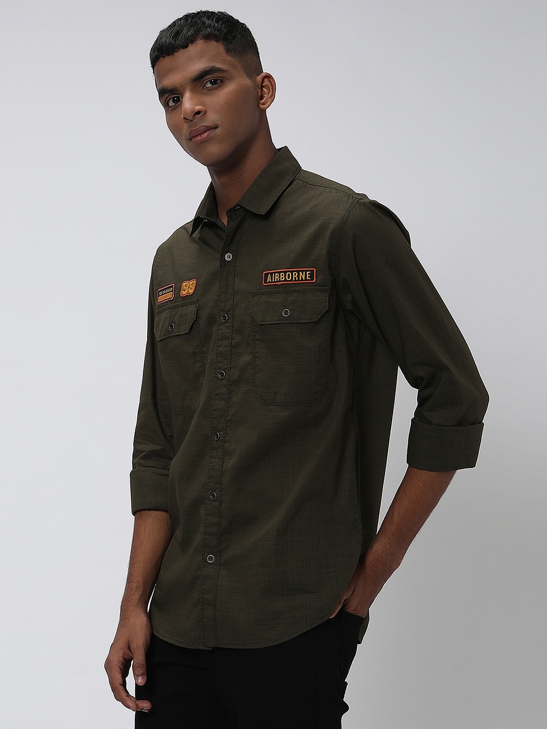 

Mufti Trim Slim Fit Pure Cotton Casual Shirt, Olive