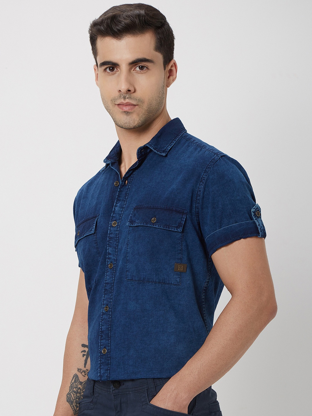 

Mufti Plus Size Trim Slim Fit Faded Denim Casual Shirt, Navy blue