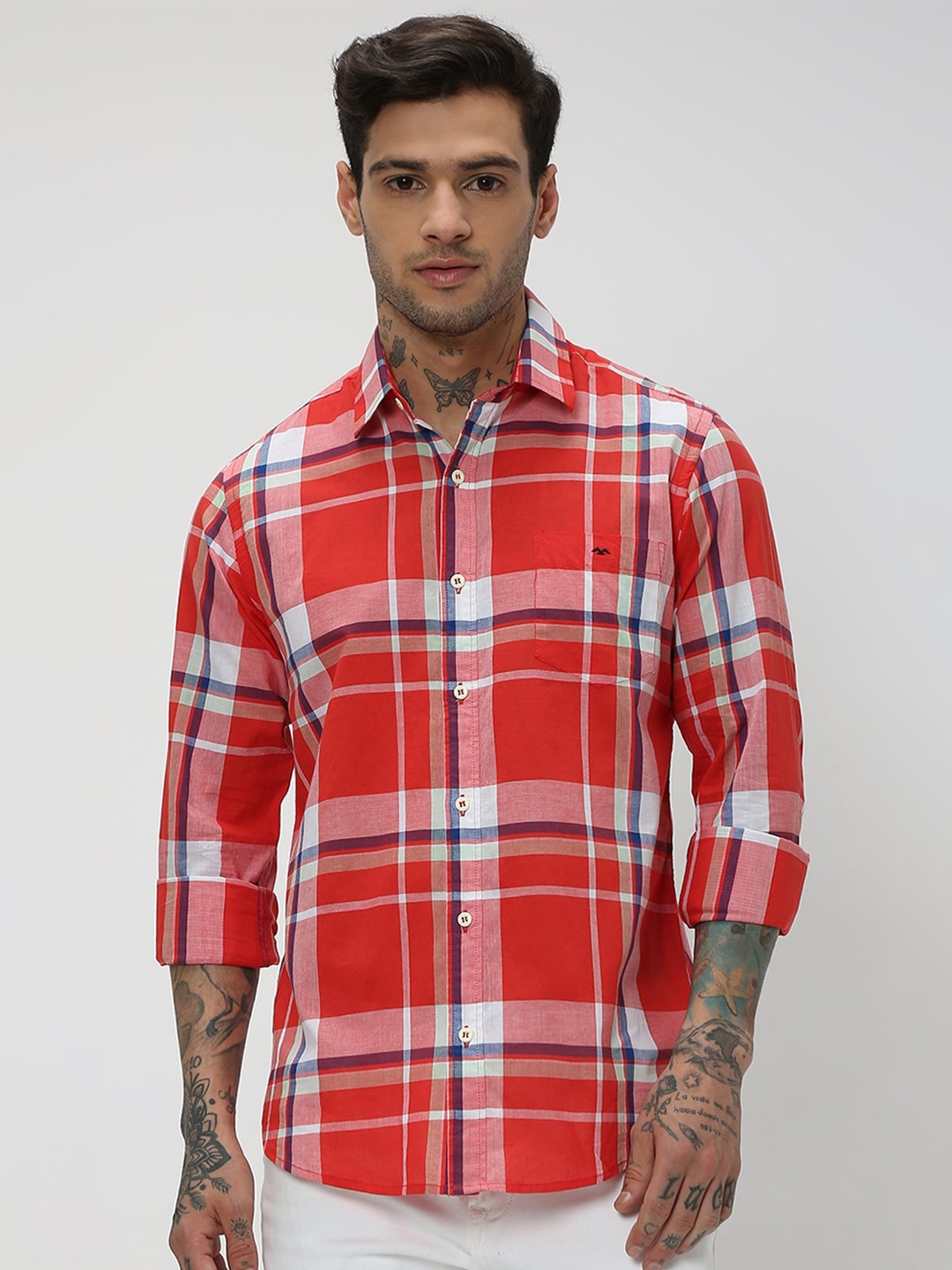 

Mufti Trim Slim Fit Tartan Checks Pure Cotton Casual Shirt, Red