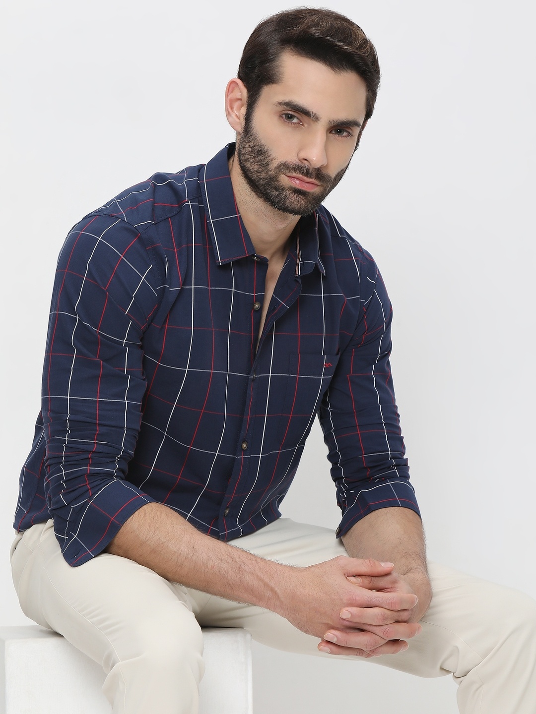 

Mufti Trim Slim Fit Windowpane Checked Casual Cotton Shirt, Navy blue