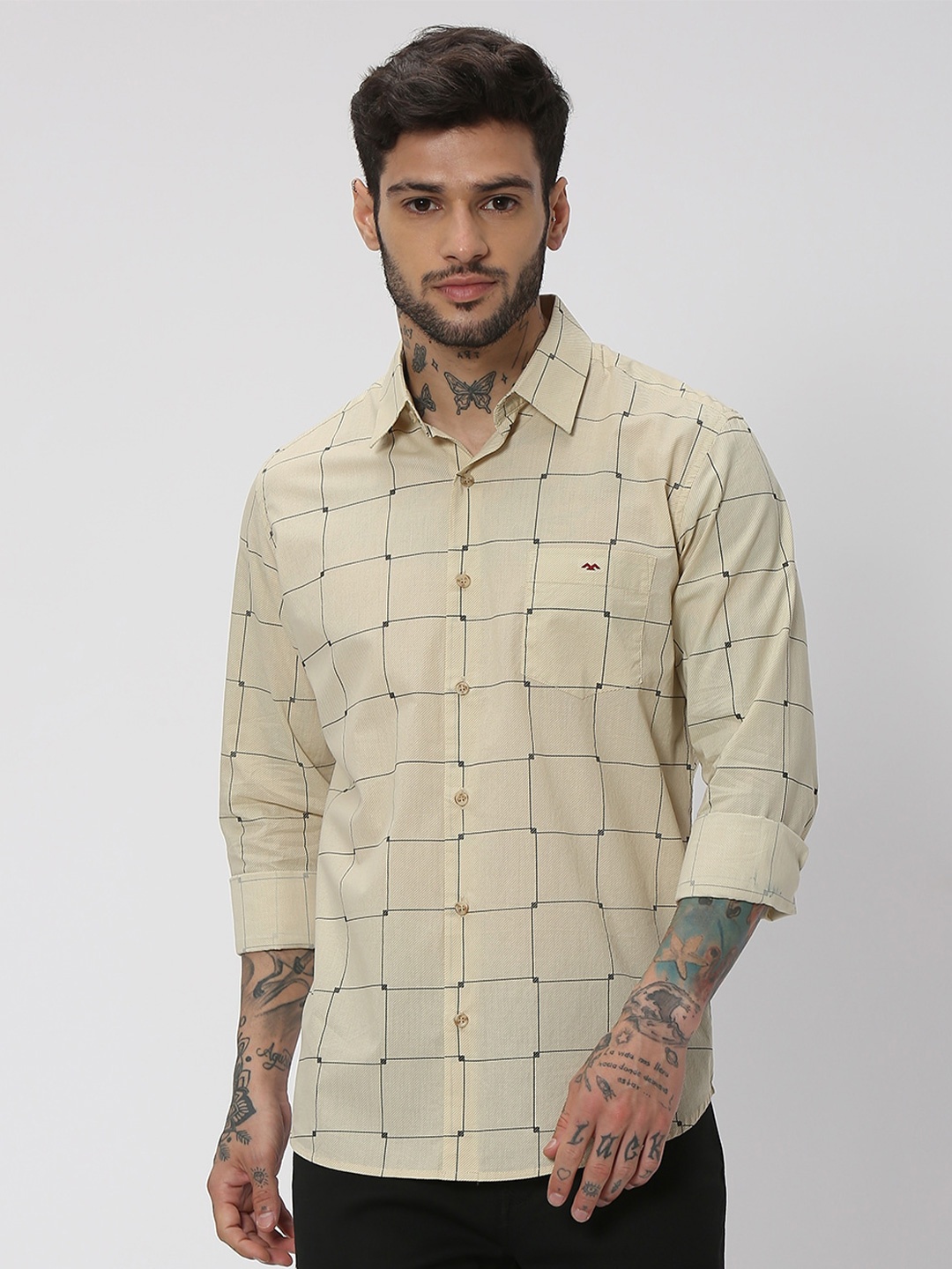 

Mufti Men Trim Slim Fit Windowpane Sheer Checked Casual Cotton Shirt, Beige