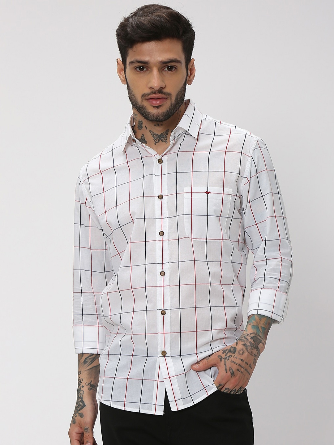 

Mufti Windowpane Checked Trim Slim Fit Pure Cotton Casual Shirt, White