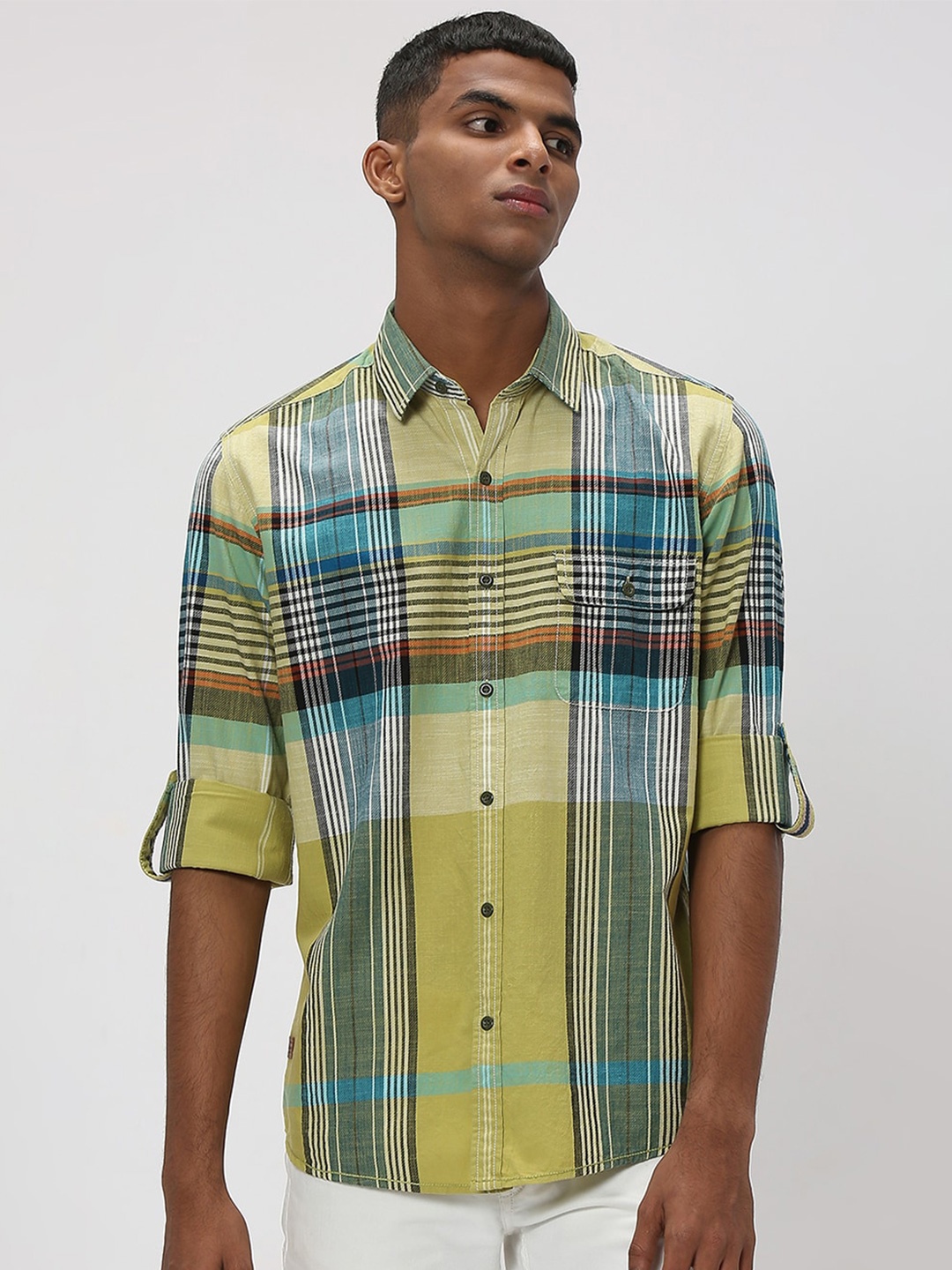 

Mufti Men Trim Slim Fit Tartan Checked Casual Cotton Shirt, Green