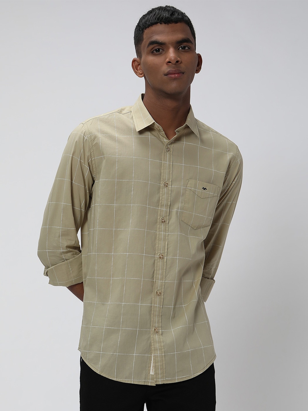 

Mufti Men Trim Slim Fit Windowpane Checks Sheer Casual Cotton Shirt, Khaki