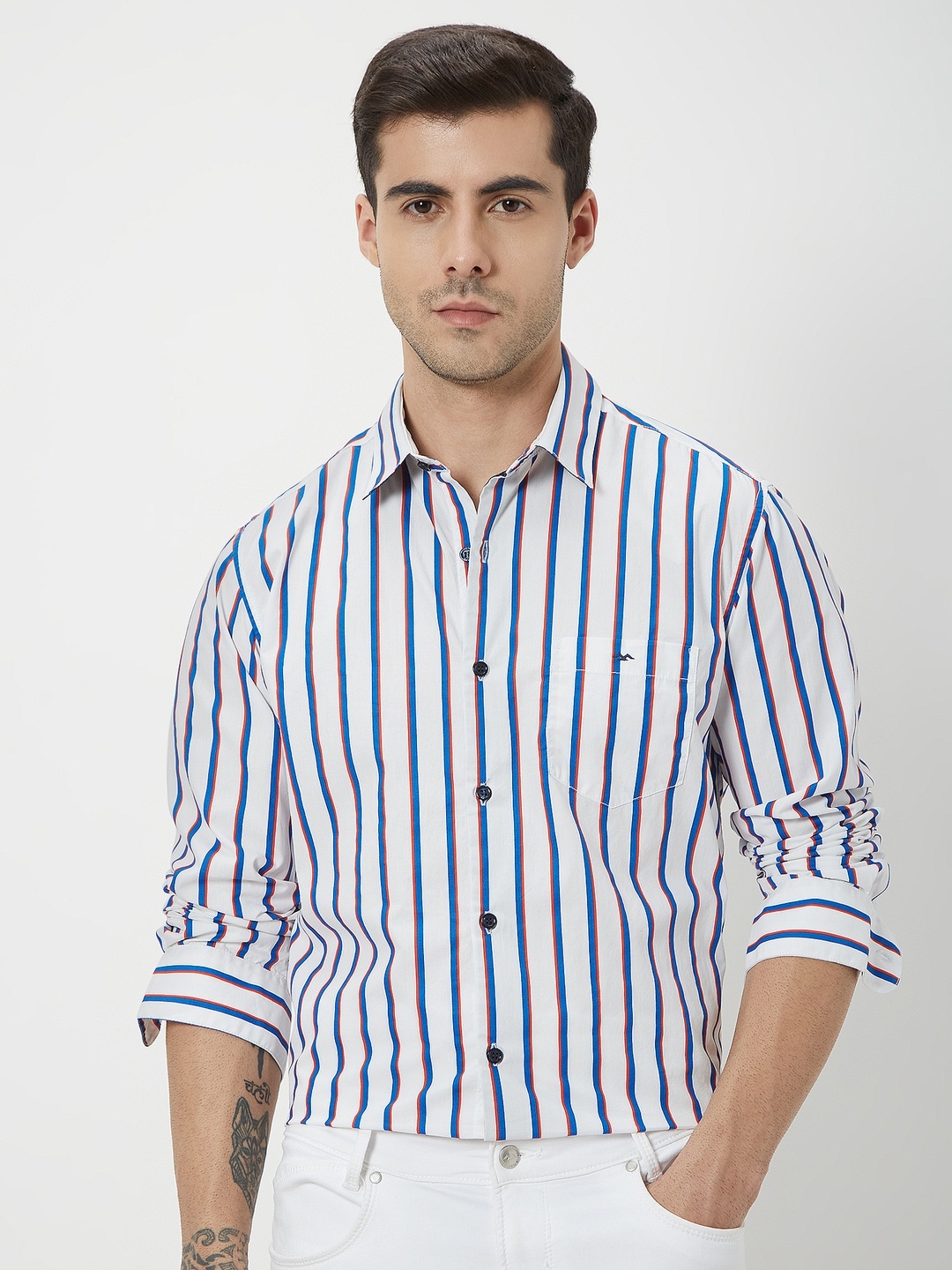 

Mufti Plus Size Trim Slim Fit Striped Pure Cotton Casual Shirt, White