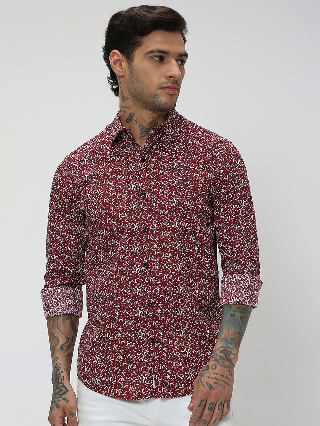 

Mufti Floral Printed Trim Slim Fit Casual Shirt, Maroon