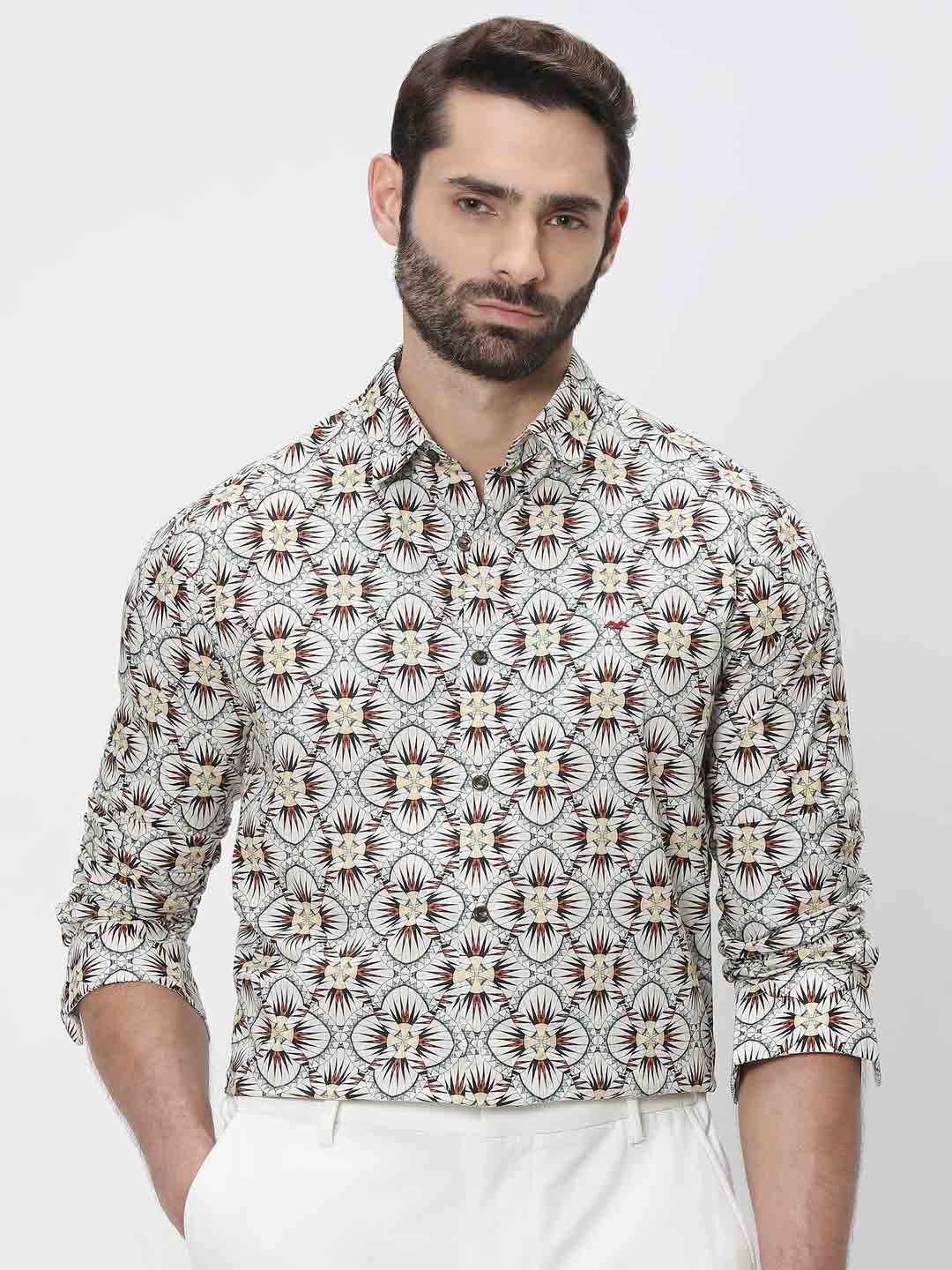 

Mufti Trim Slim Fit Abstract Printed Casual Pure Cotton Shirt, Beige