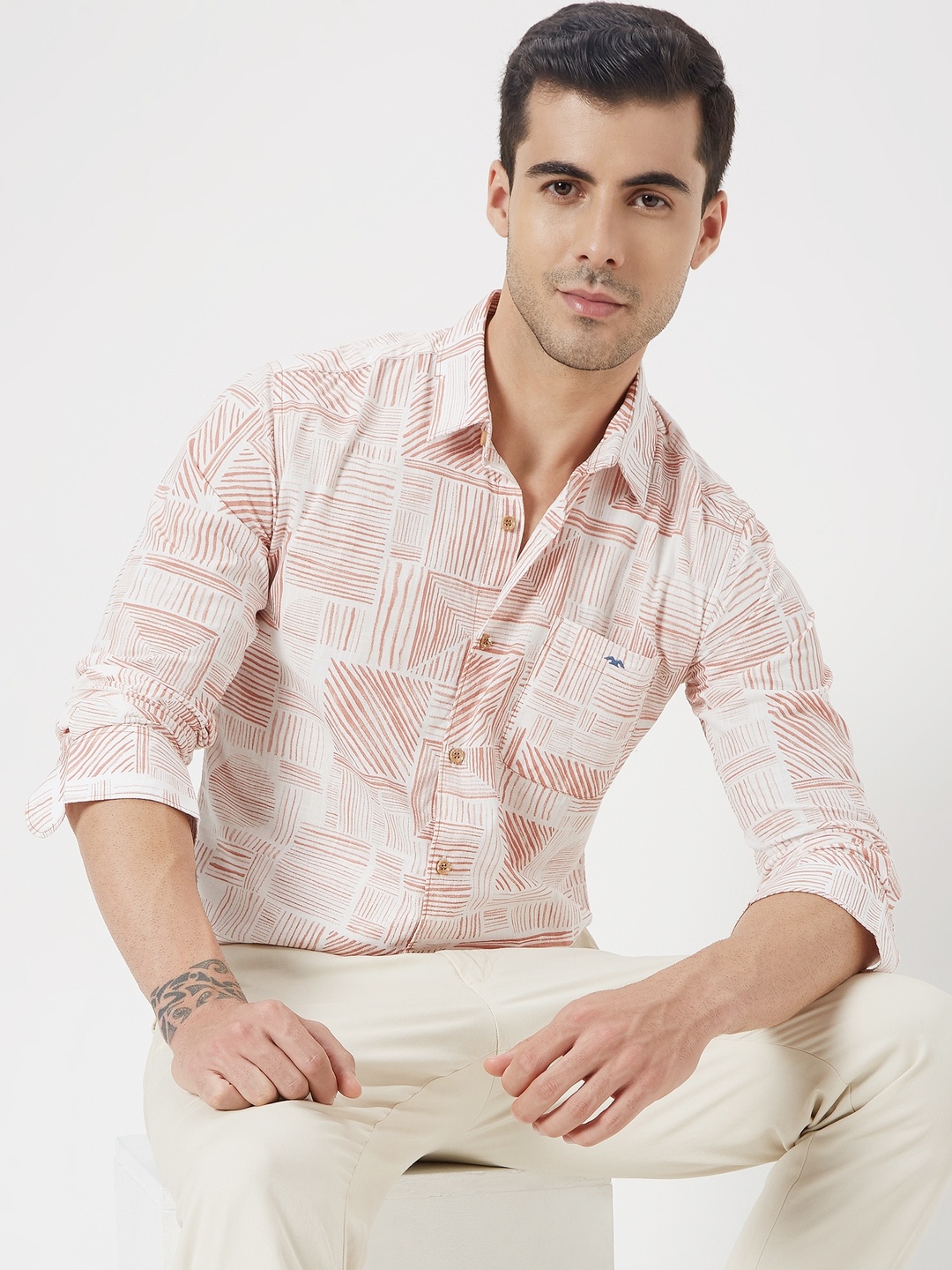 

Mufti Trim Slim Fit Printed Casual Pure Cotton Shirt, Rust