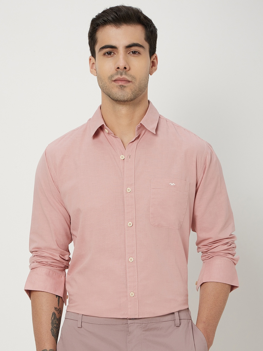 

Mufti Trim Slim Fit Spread Collar Casual Cotton Linen Shirt, Pink