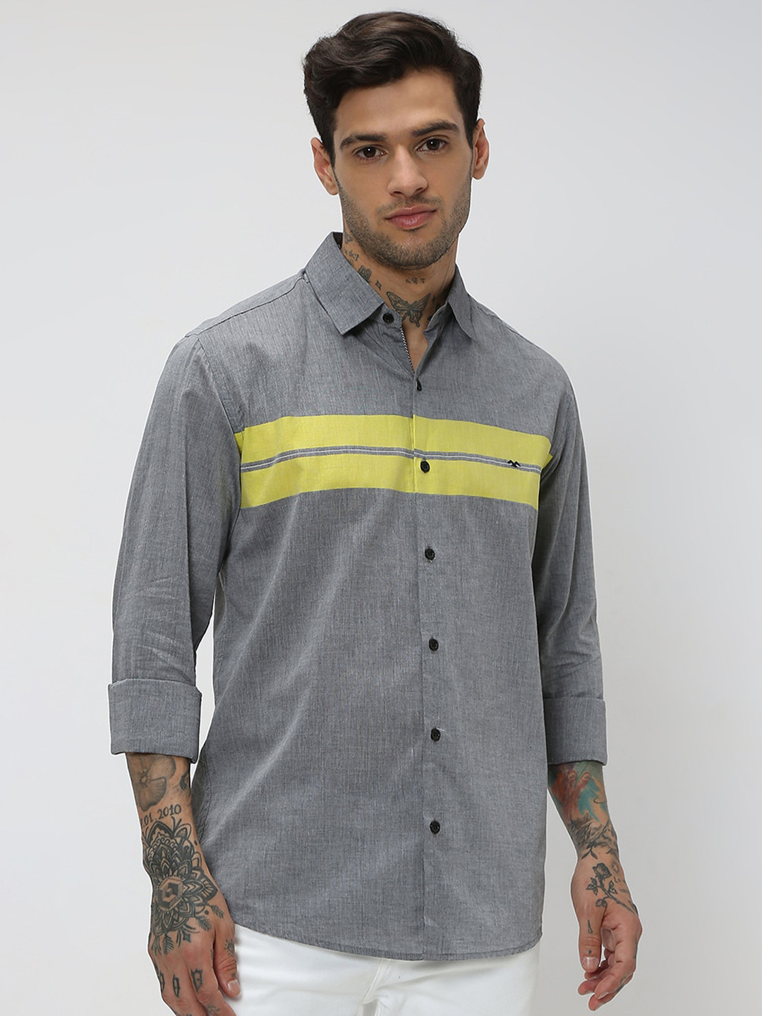 

Mufti Striped Trim Slim Fit Casual Pure Cotton Shirt, Grey