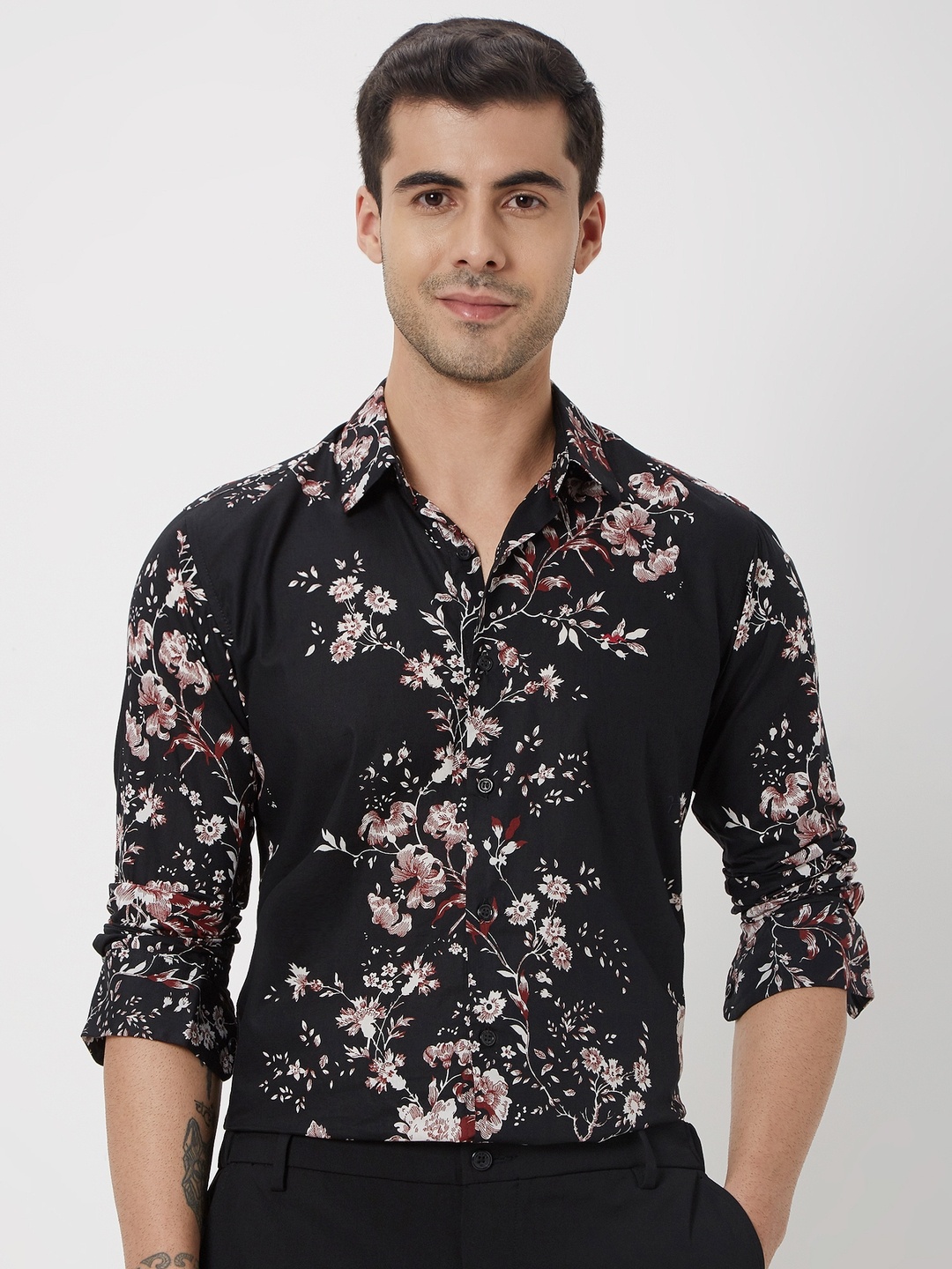 

Mufti Trim Slim Fit Floral Printed Pure Cotton Casual Shirt, Black