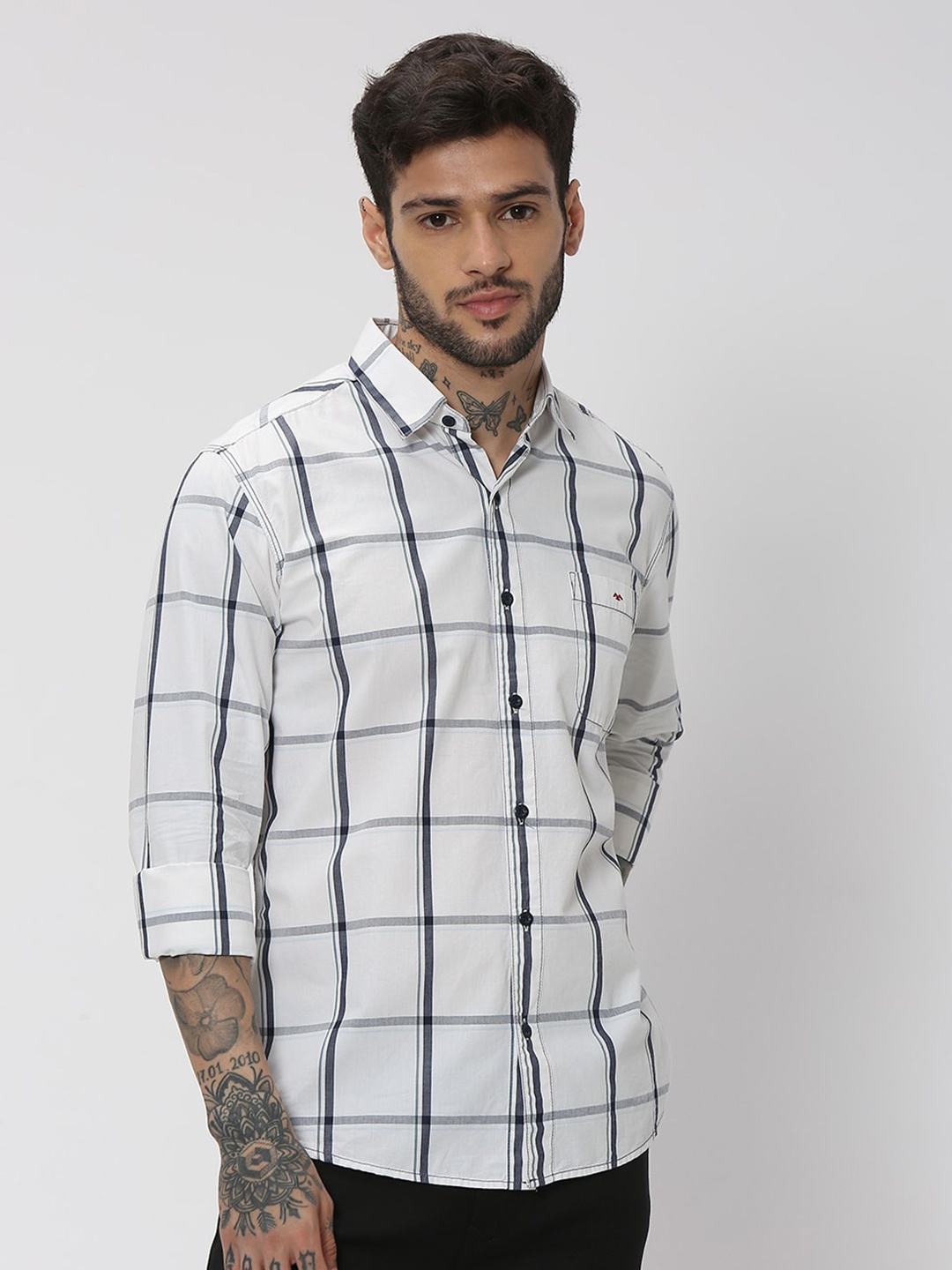 

Mufti Trim Slim Fit Windowpane Checked Pure Cotton Casual Shirt, White
