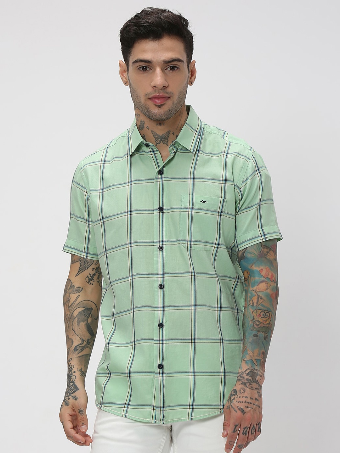 

Mufti Trim Slim Fit Windowpane Checked Casual Pure Cotton Shirt, Green