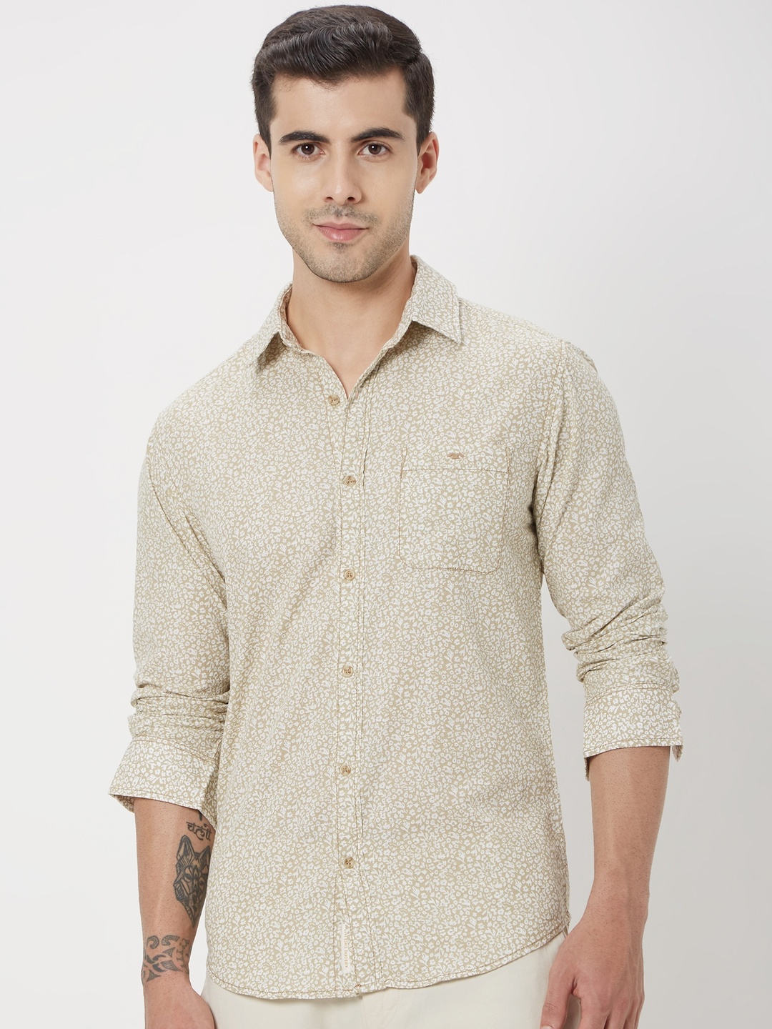 

Mufti Printed Trim Slim Fit Cotton Linen Casual Shirt, Beige