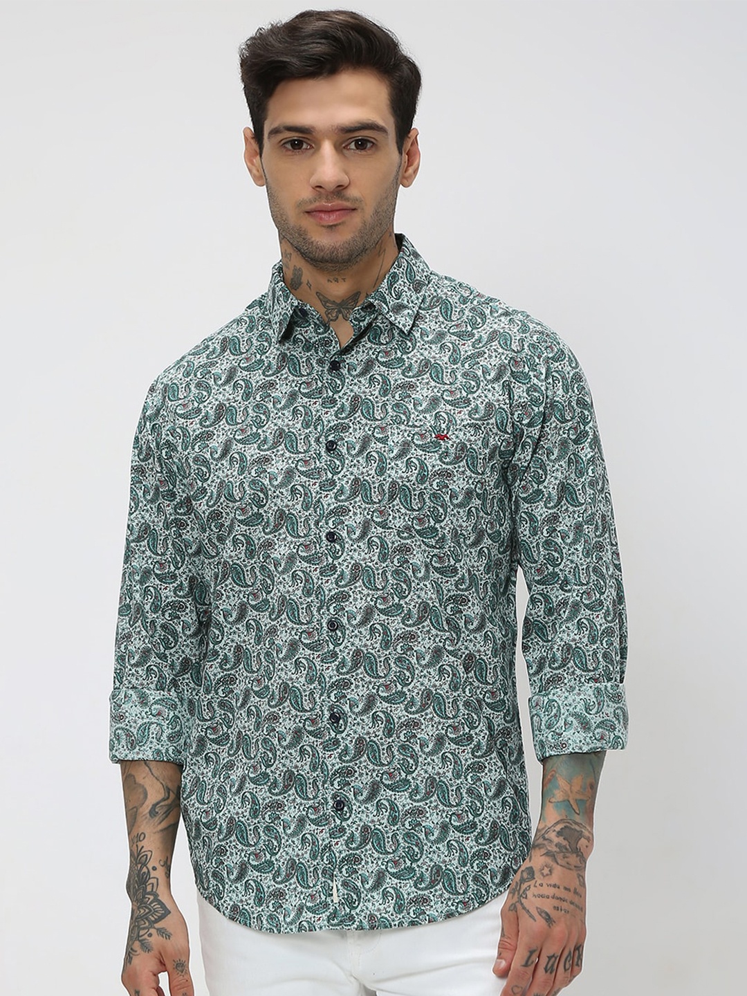 

Mufti Floral Printed Slim Fit Pure Cotton Casual Shirt, Green