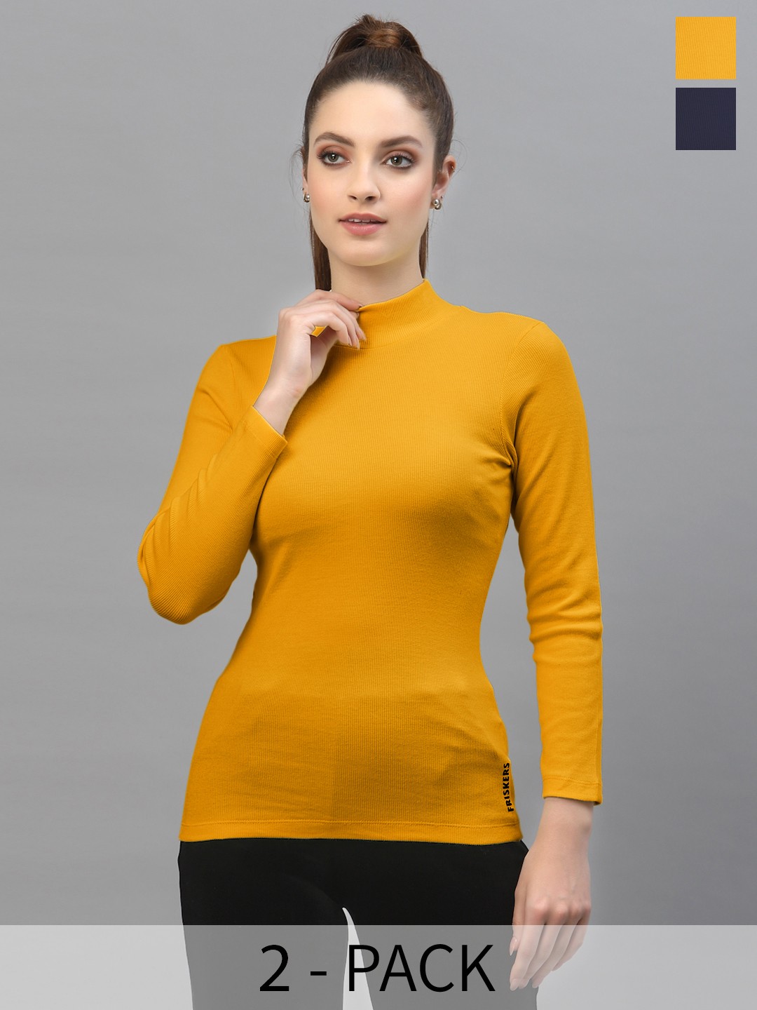

Friskers Pack Of 2 High Neck Cotton Long Sleeves Fitted Tops, Navy blue