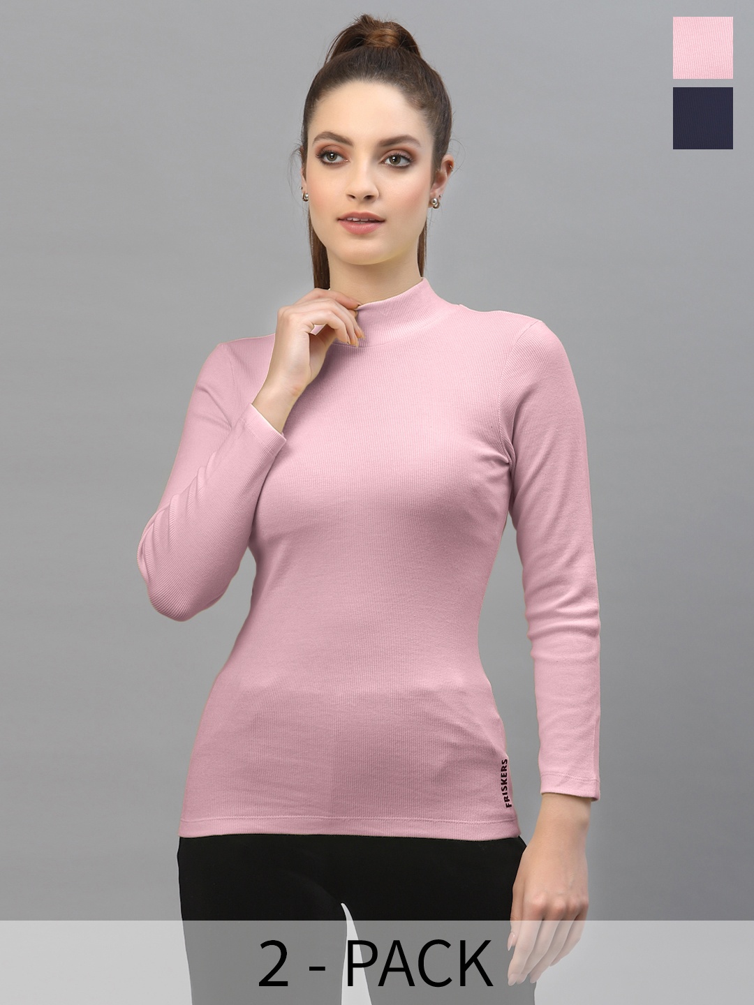 

Friskers Pack Of 2 High Neck Cotton Long Sleeves Fitted Tops, Navy blue