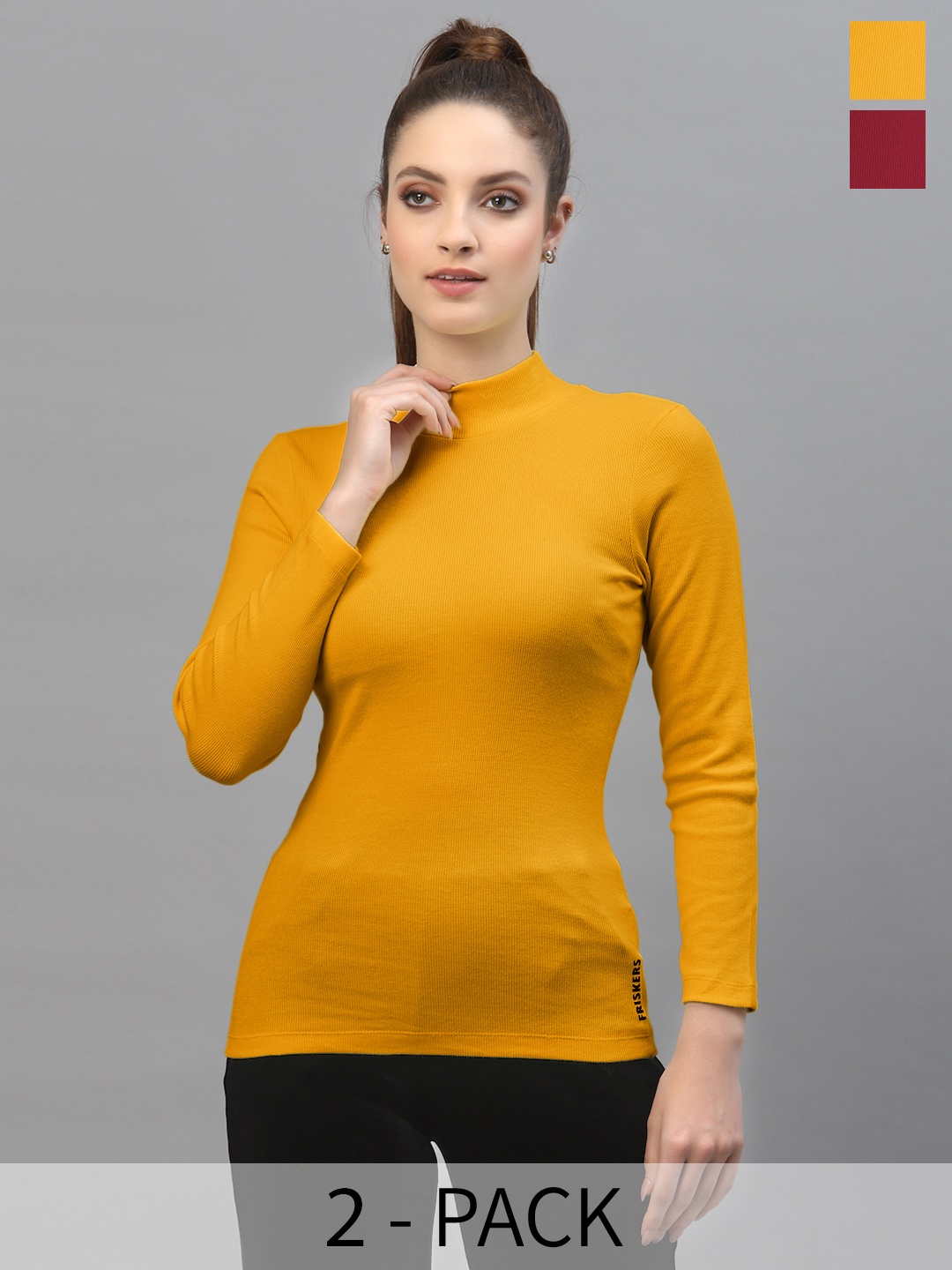 

Friskers Pack of 2 High Neck Pure Cotton Regular Tops, Maroon