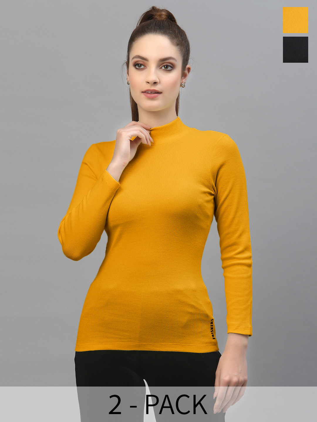 

Friskers Pack of 2 High Neck Fitted Cotton Tops, Black