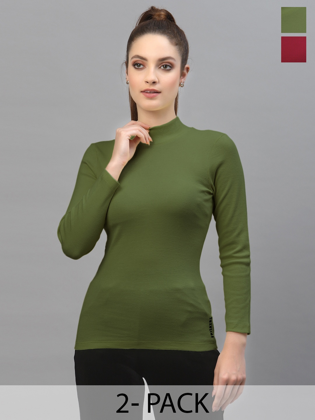

Friskers Pack of 2 High Neck Cotton Fitted Top, Maroon
