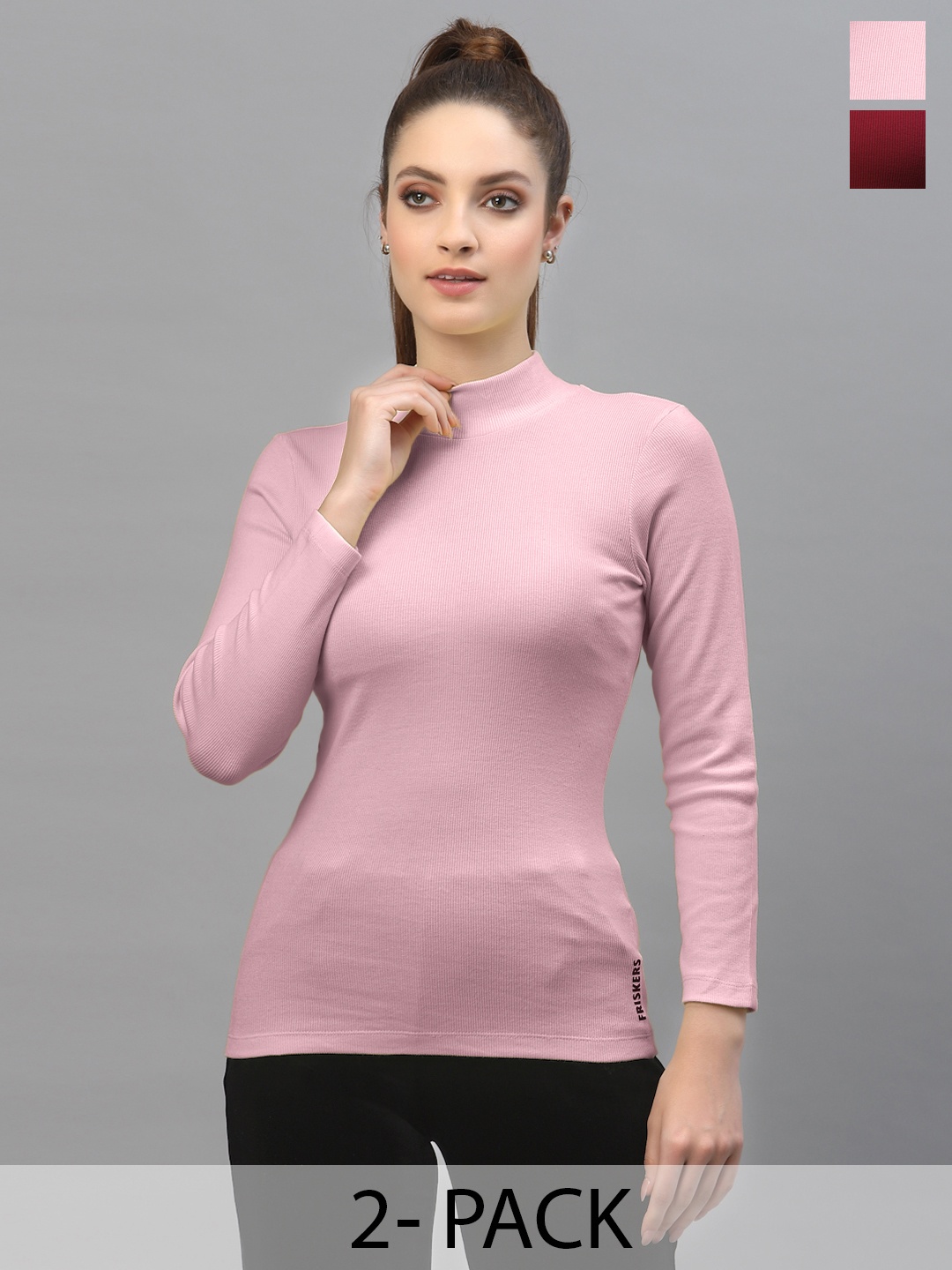 

Friskers Pack of 2 Turtle Neck Fitted Tops, Maroon
