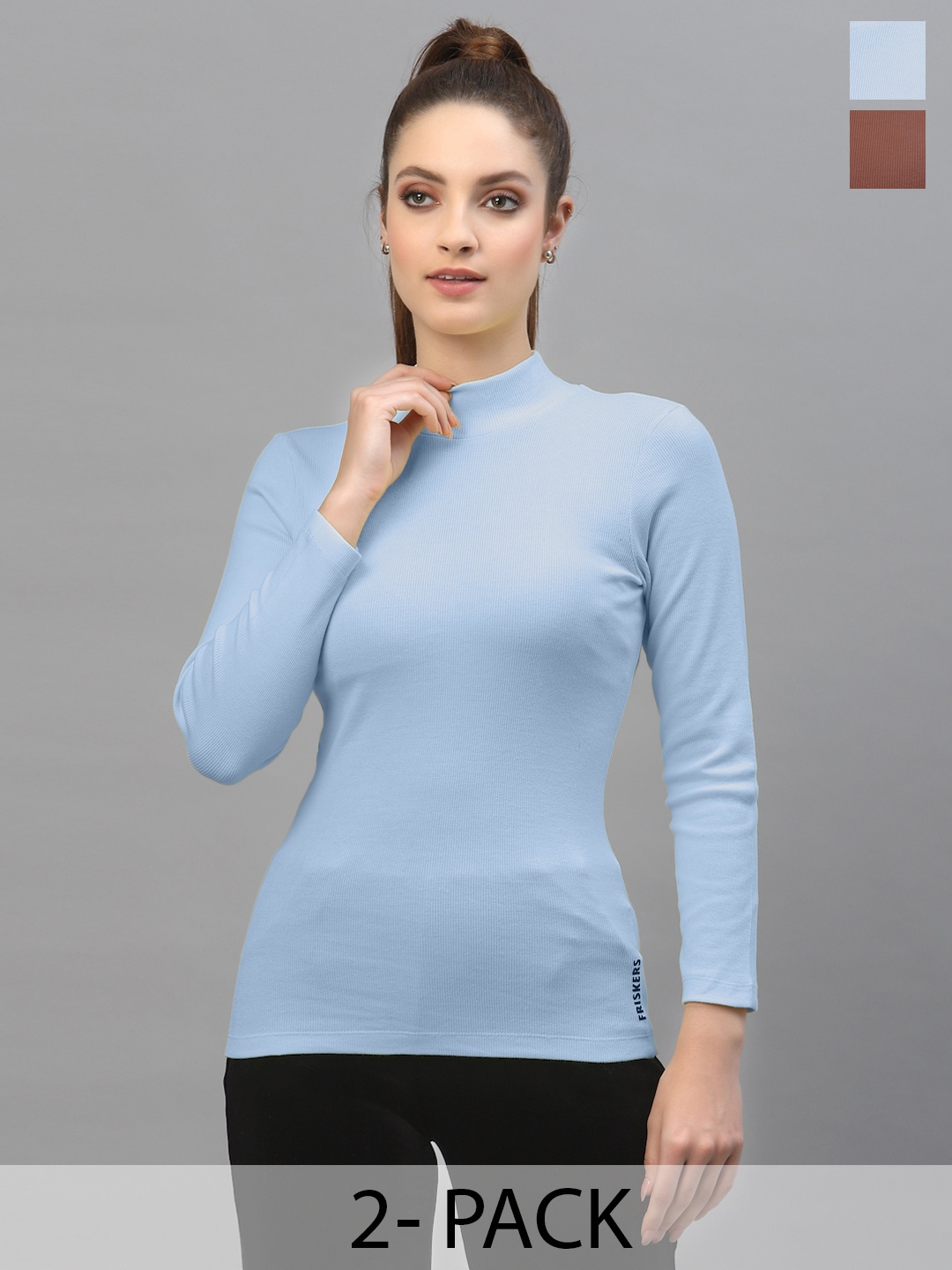 

Friskers Pack of 2 High Neck Fitted Cotton Tops, Brown