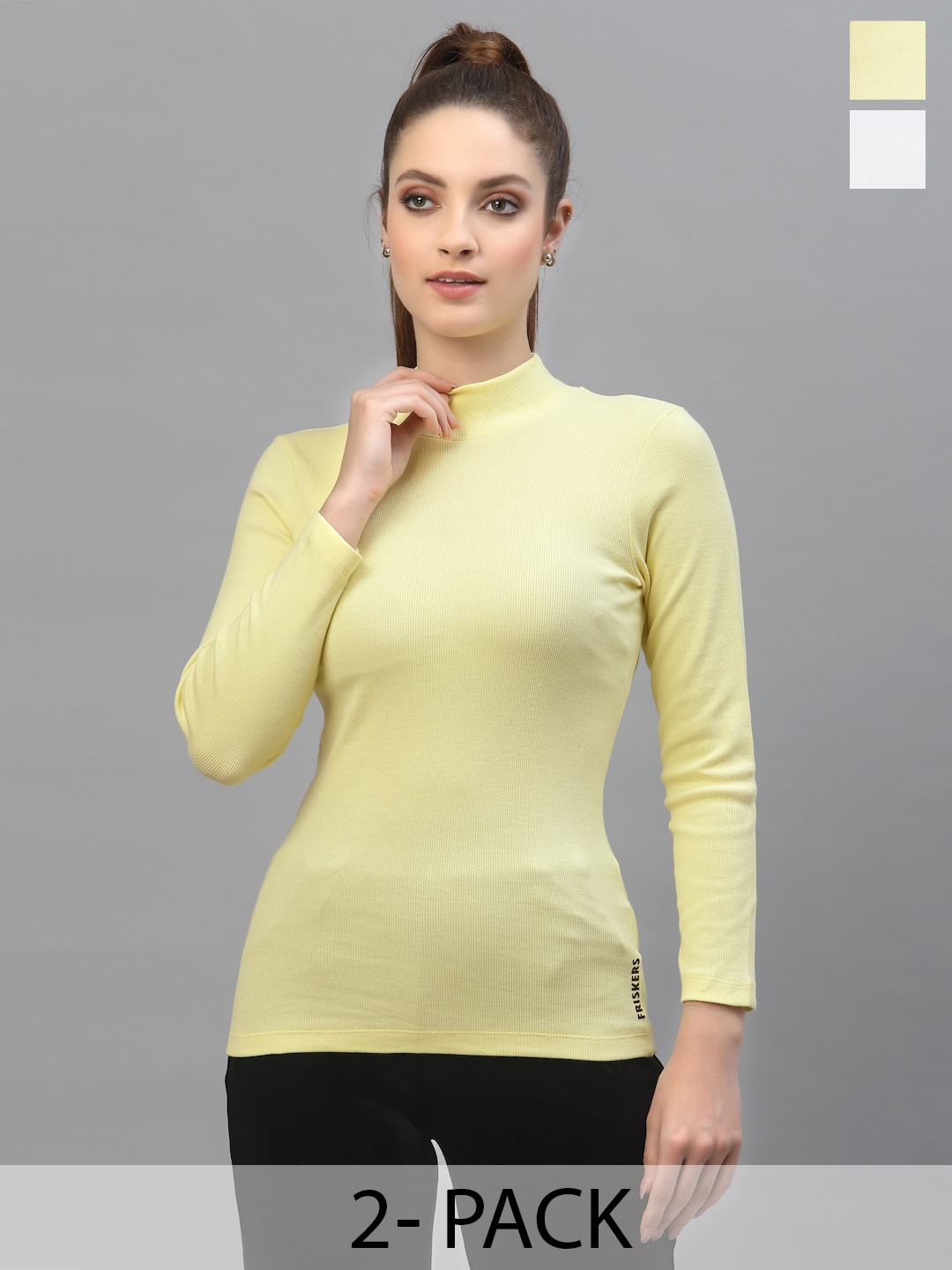 

Friskers Pack of 2 High Neck Ribbed Cotton Fitted Tops, White