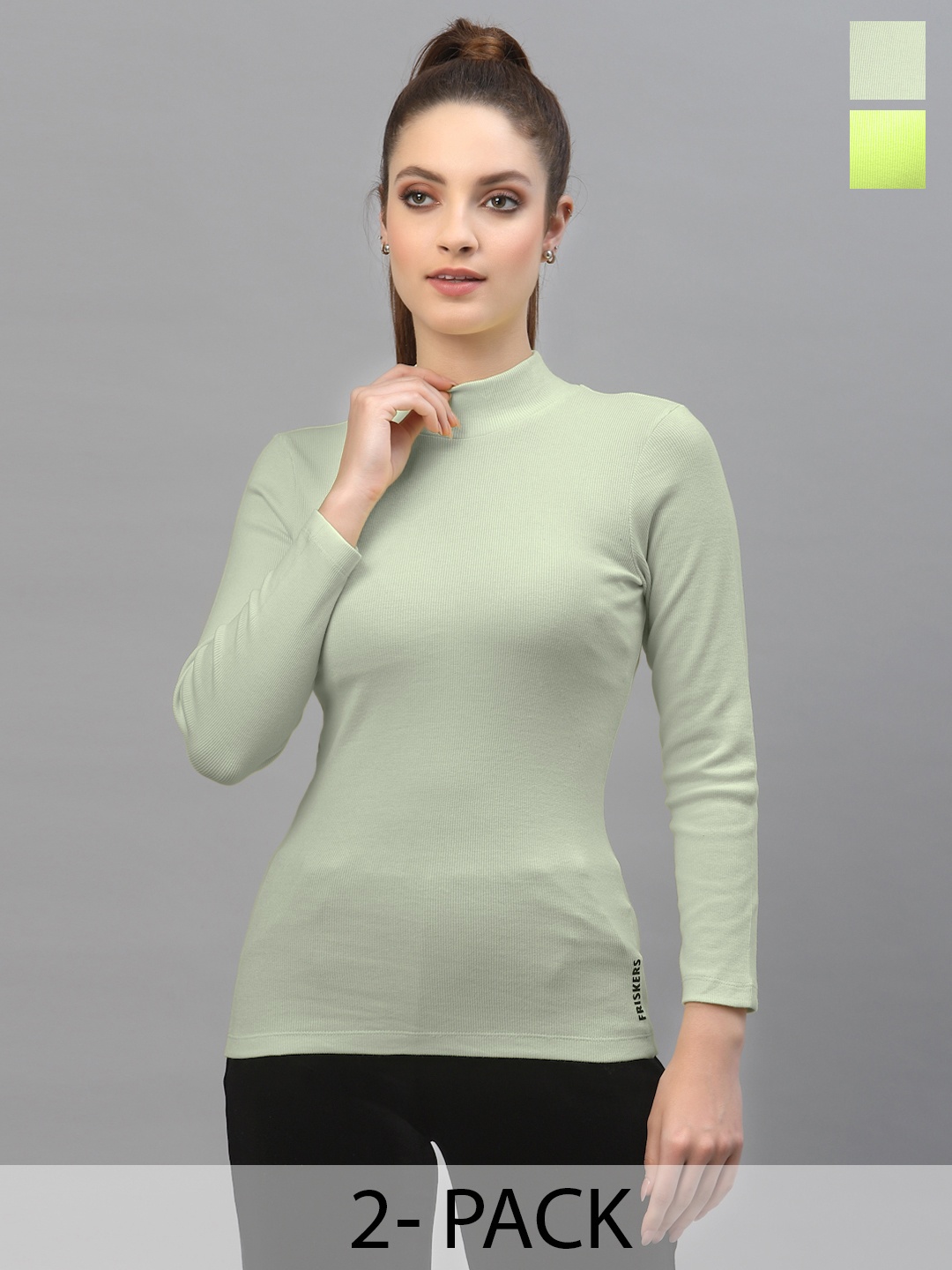 

Friskers Pack of 2 Turtle Neck Fitted Tops, Lime green