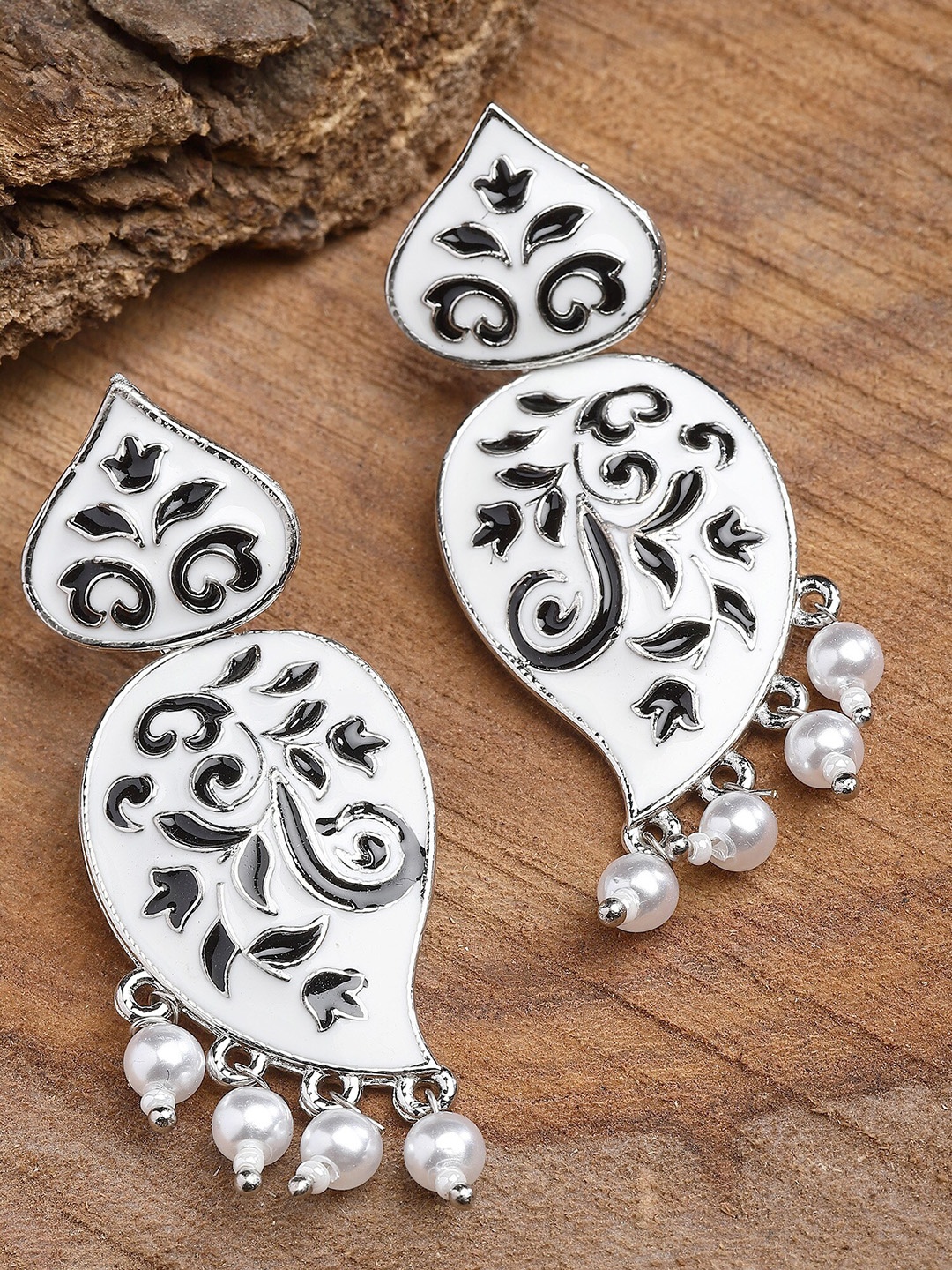 

KARATCART Silver-Plated Meenakari Contemporary Drop Earrings, White