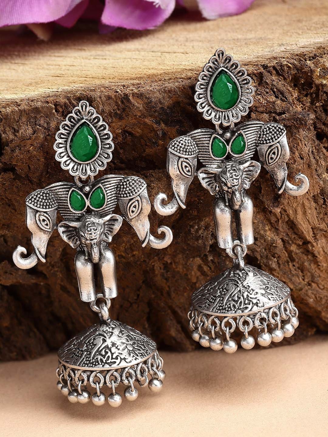 

KARATCART Silver Plated Contemporary Jhumkas Earrings, Green