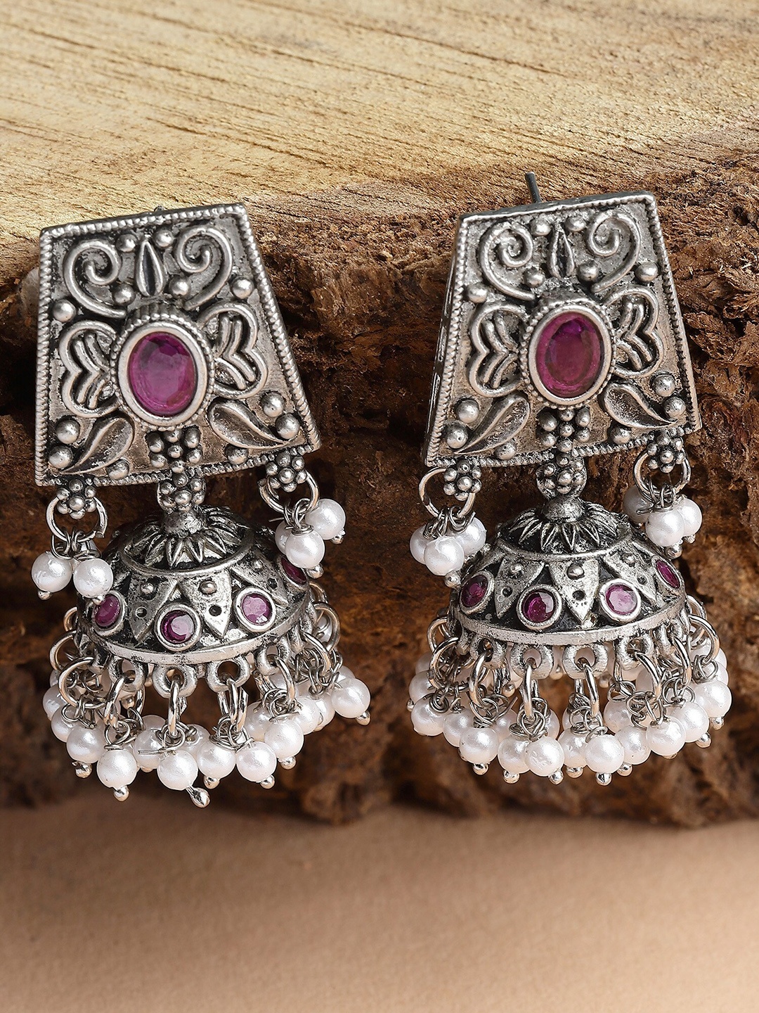 

KARATCART Silver-Plated Dome Shaped Jhumkas Earrings, Red